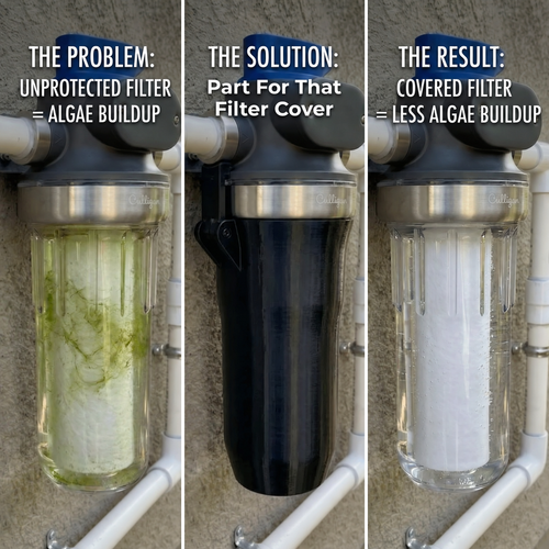 Culligan WH-S200-C before and after graphic showing algae prevention with filter cover