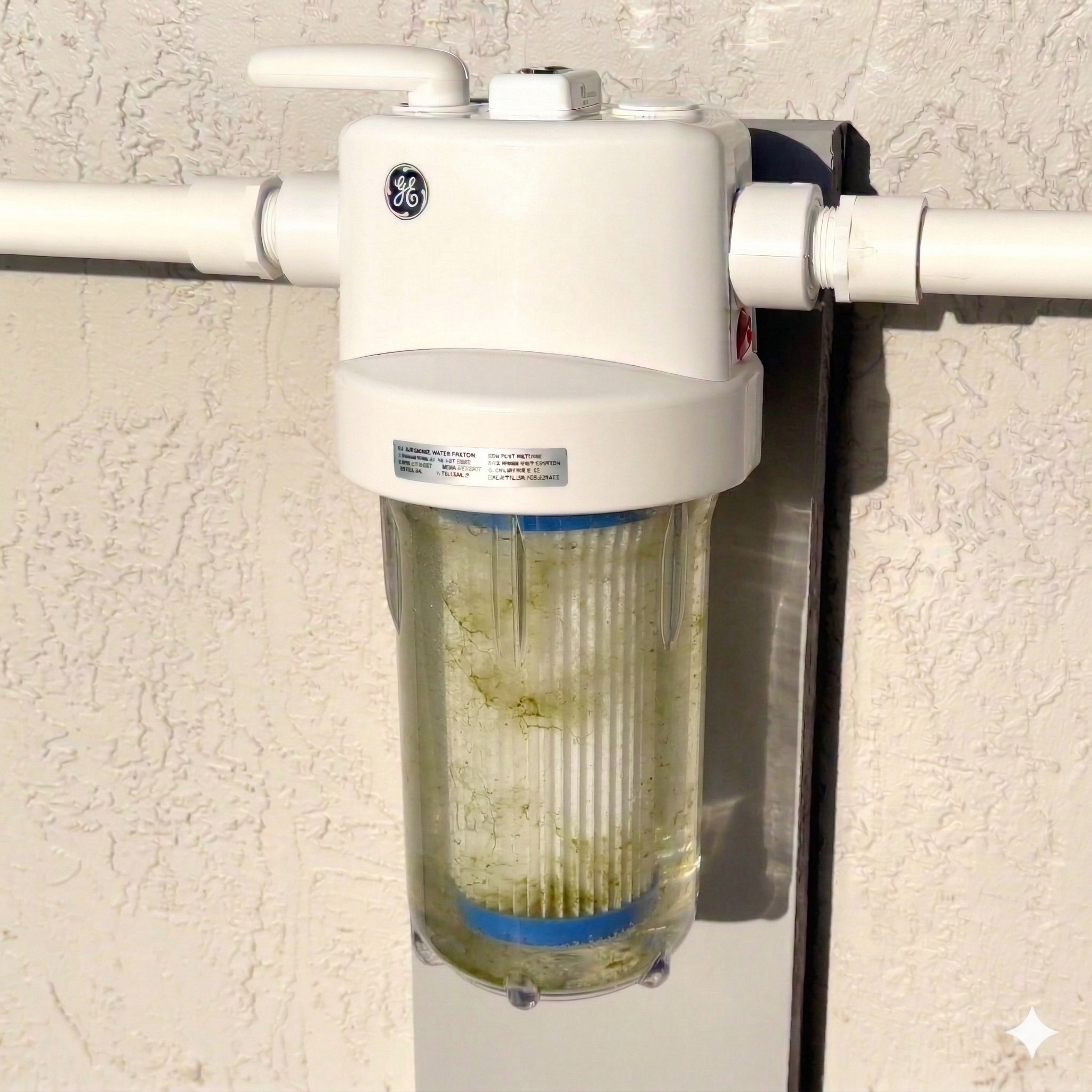 Wall-mounted clear whole-house water filter housing with green algae buildup