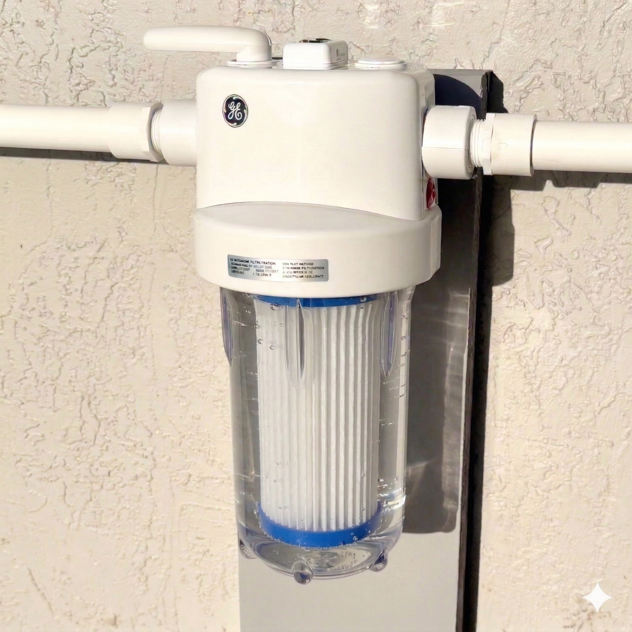 Clean wall-mounted clear whole-house water filter housing after sunlight protection