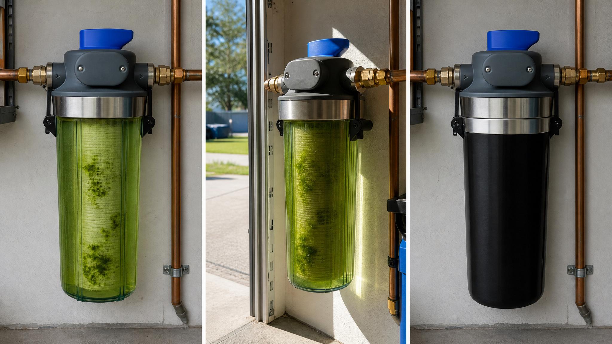 Clear Culligan whole house water filter housing exposed to sunlight