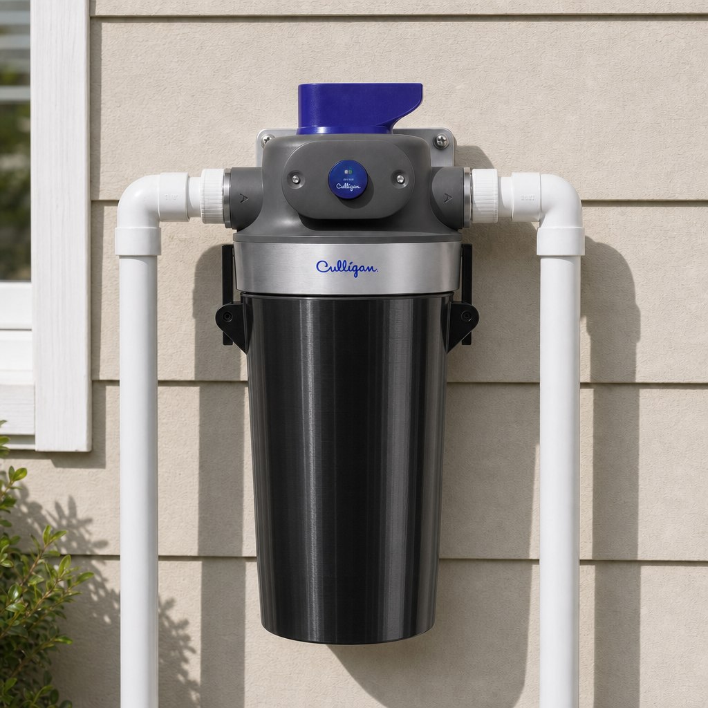 Culligan WH-HD200-C water filter cover installed on a whole-house water filter
